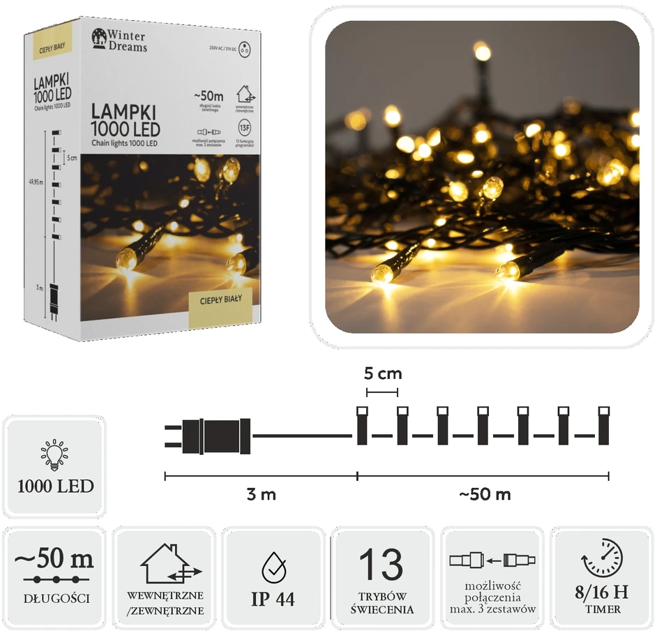 Extralink LED girlianda, 1000 LED, 53 m, šiltai balta