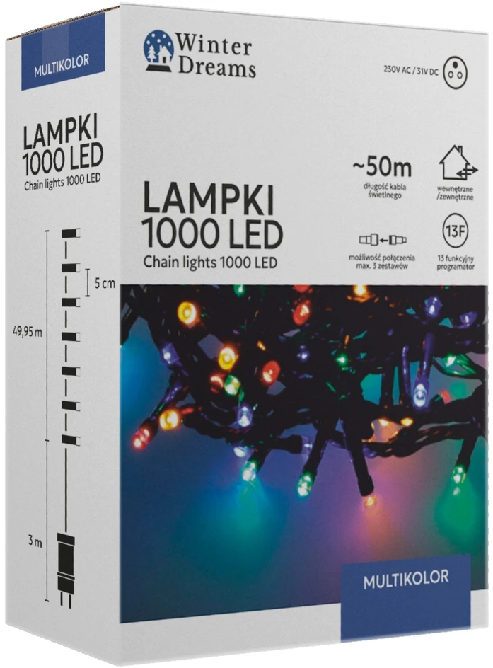 LED girlianda, 1000 LED, 53 m, spalvota