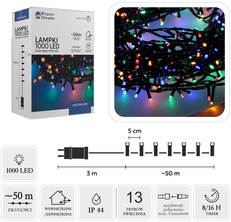 LED girlianda, 1000 LED, 53 m, spalvota