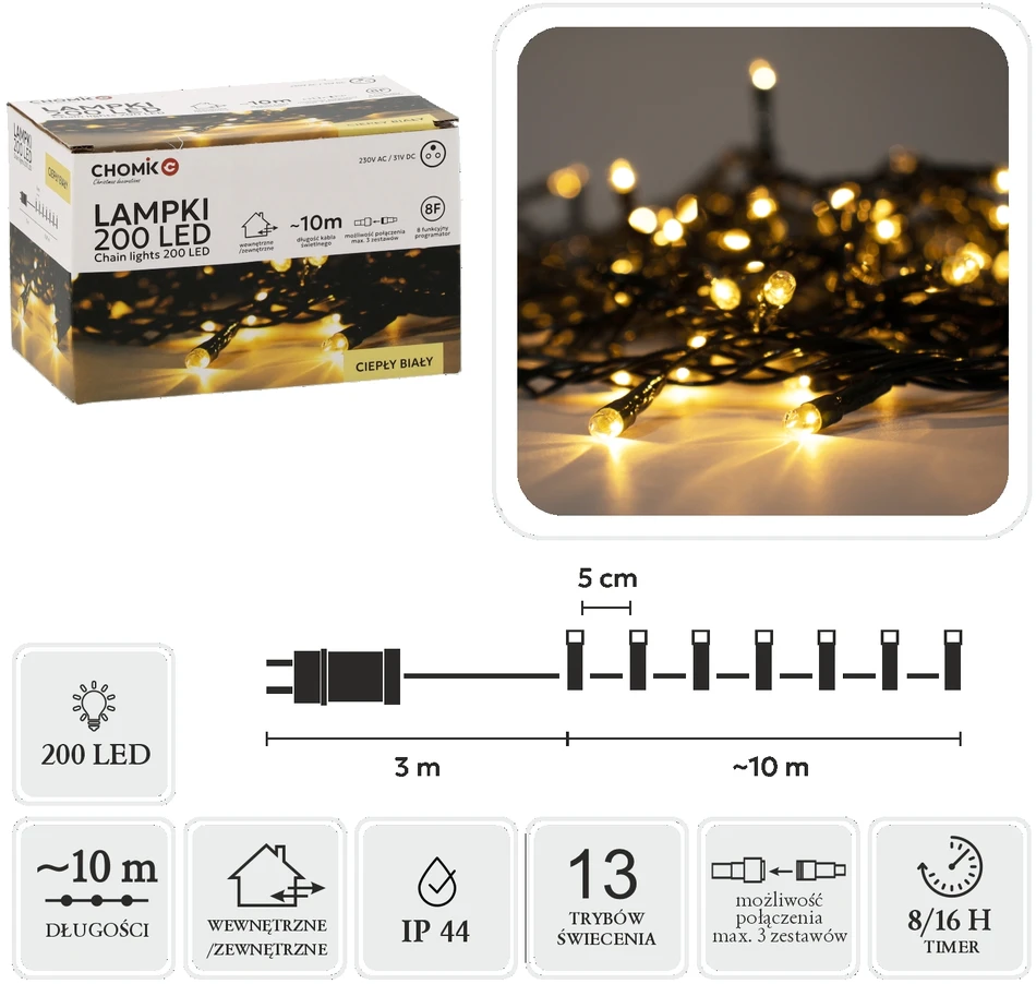 Extralink LED girlianda, 200 LED, 13 m, šiltai balta