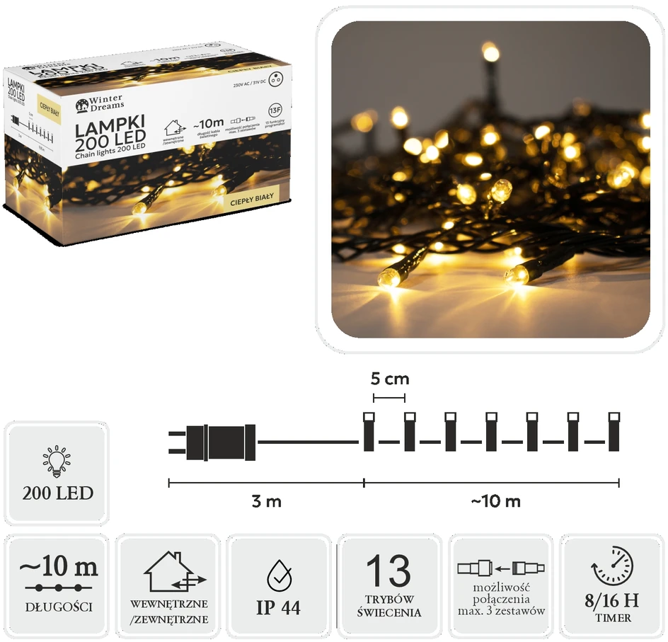 Extralink LED girlianda, 200 LED, 13 m, šiltai balta