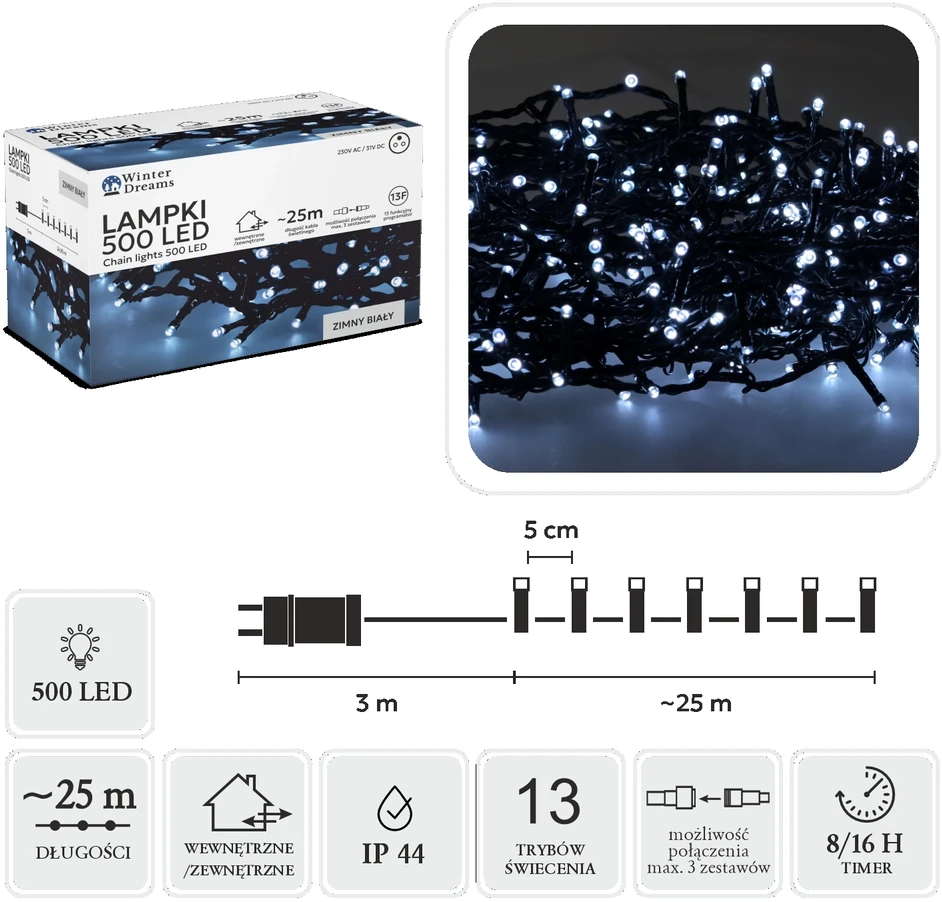 Extralink LED girlianda, 500 LED, 28 m, šaltai balta