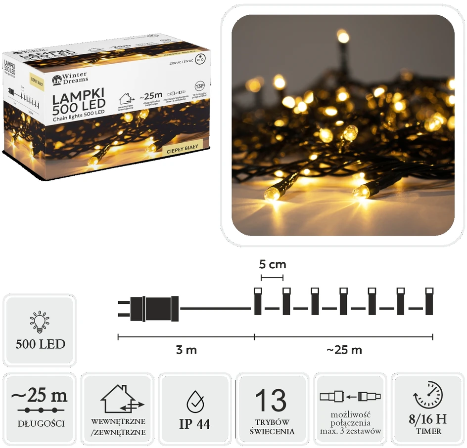 Extralink LED girlianda, 500 LED, 28 m, šiltai balta