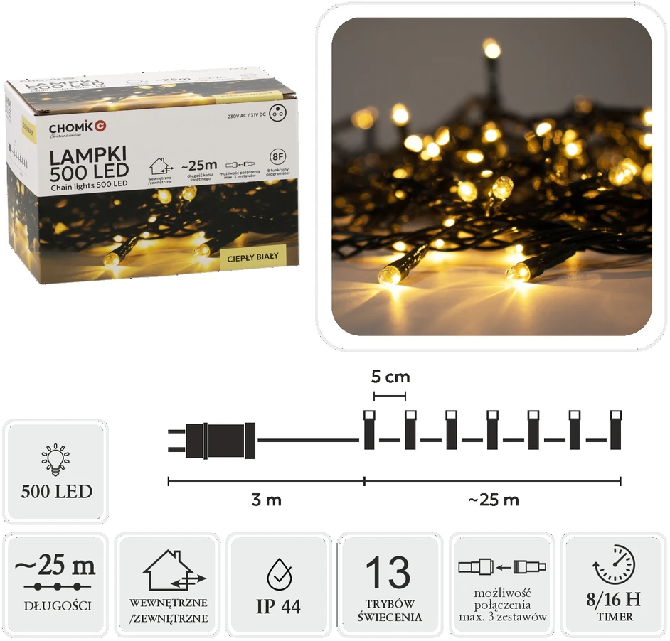 Extralink LED girlianda, 500 LED, 28 m, šiltai balta