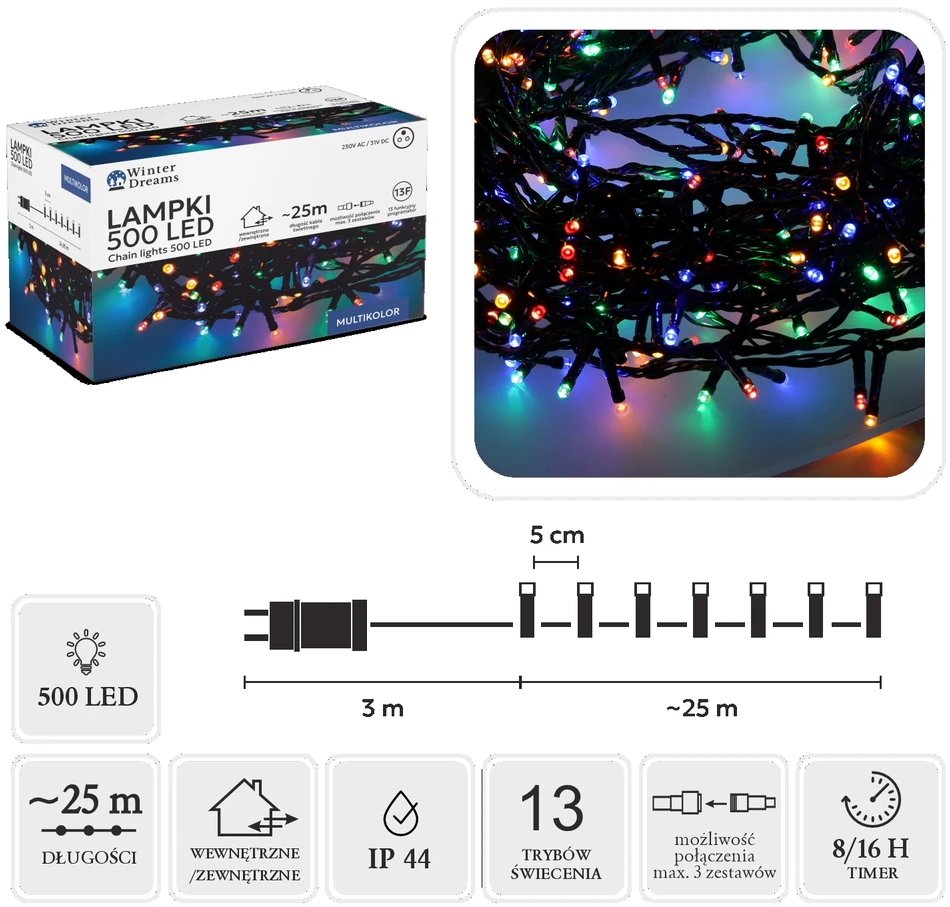 Extralink LED girlianda, 500 LED, 28 m, spalvota