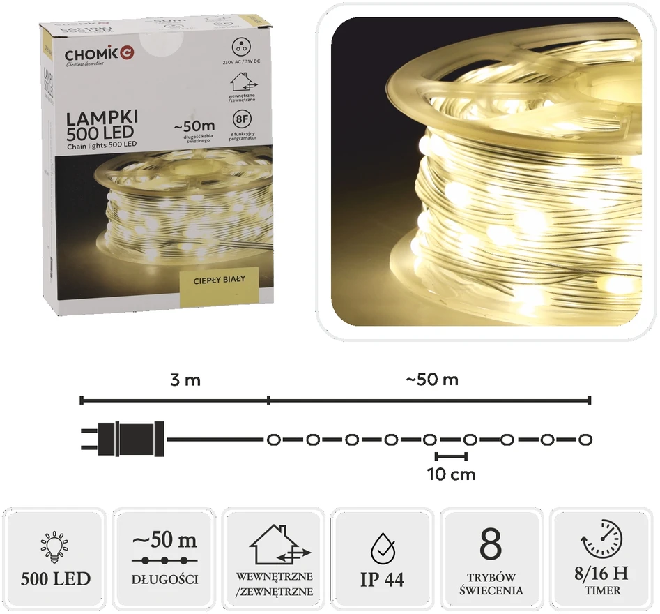 LED girlianda ant ritės, 500 LED, 53 m, šiltai balta