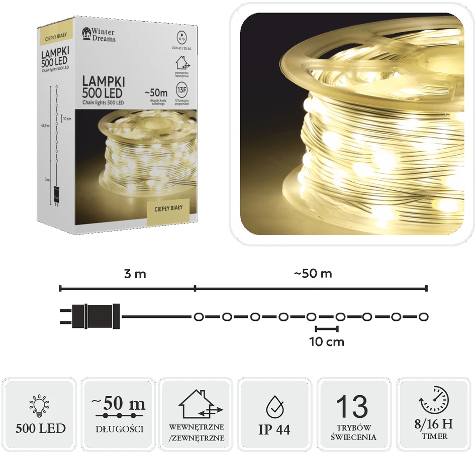 LED girlianda ant ritės, 500 LED, 53 m, šiltai balta