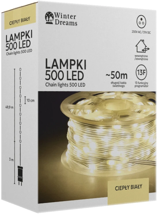 LED girlianda ant ritės, 500 LED, 53 m, šiltai balta