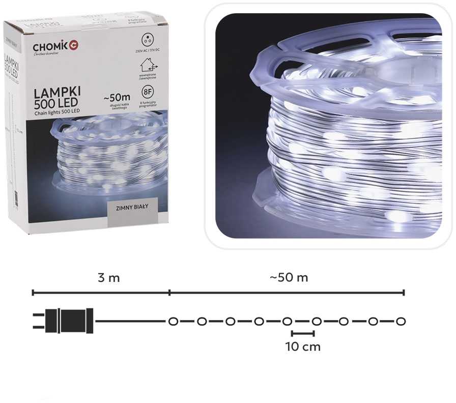 LED girlianda CHOMIK „Micro Wire Light“ 500 LED, šaltai balta, 50 m