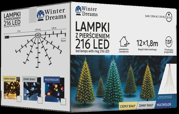 LED girlianda su žiedu, 12 × 1,8 m, 216 LED, šiltai balta