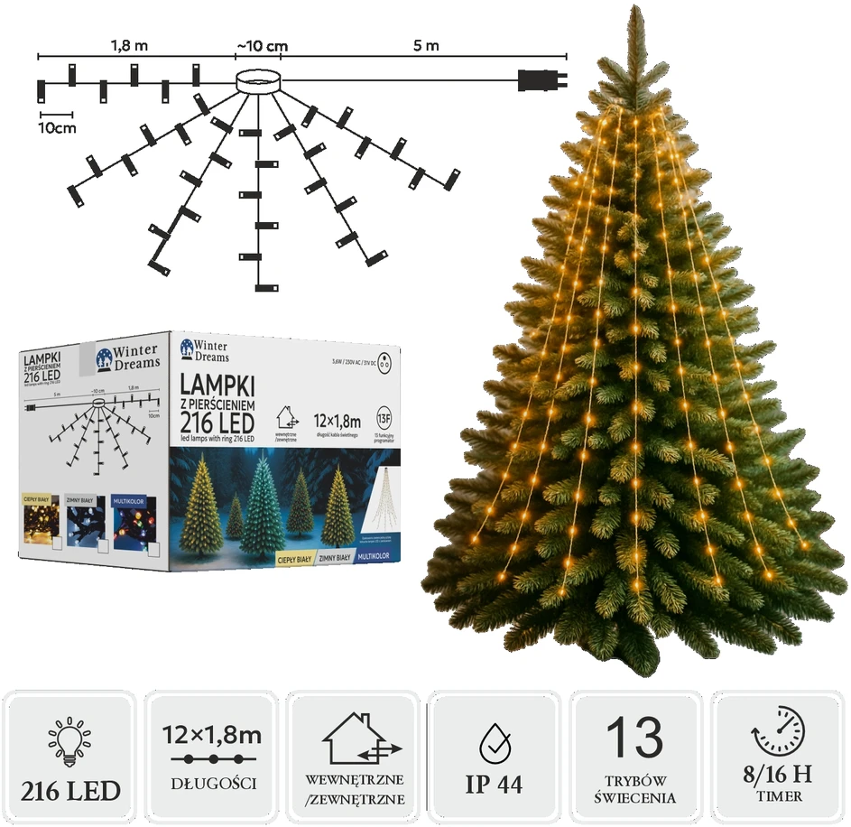 LED girlianda su žiedu, 12 × 1,8 m, 216 LED, šiltai balta