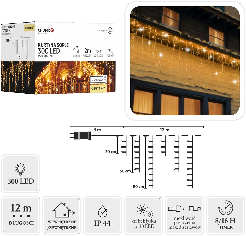 LED varveklių užuolaida, 300 LED, 12 m, šiltai balta su blyksniais