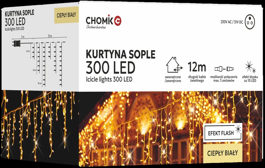 LED varveklių užuolaida, 300 LED, 12 m, šiltai balta su blyksniais