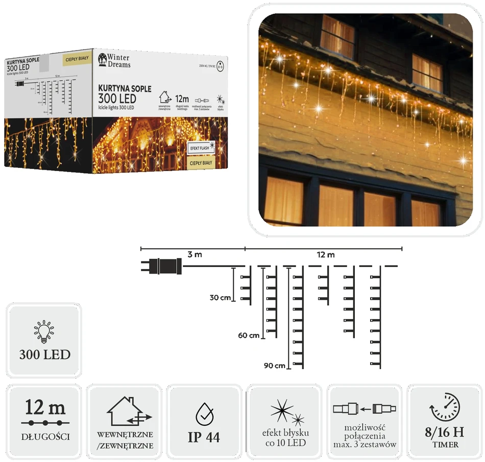 LED varveklių užuolaida, 300 LED, 12 m, šiltai balta su blyksniais
