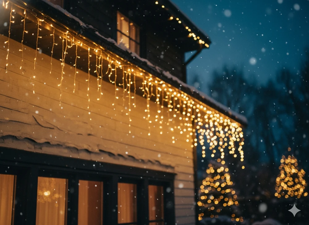 LED varveklių užuolaida, 300 LED, 12 m, šiltai balta su blyksniais