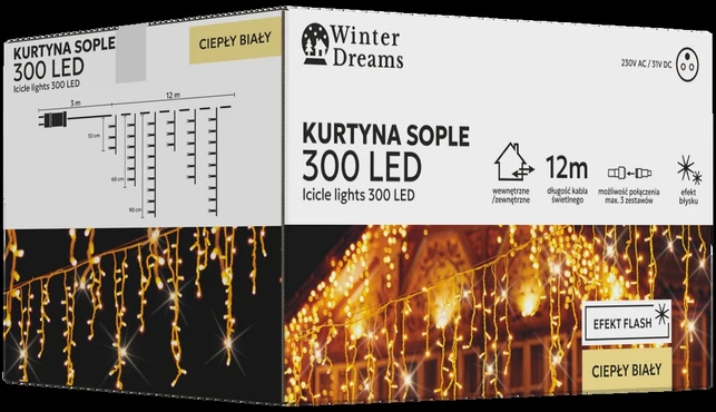 LED varveklių užuolaida, 300 LED, 12 m, šiltai balta su blyksniais