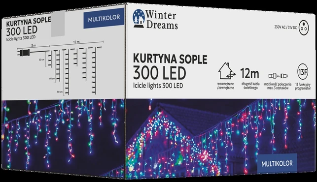 LED varveklių užuolaida, 300 LED, 12 m, spalvota
