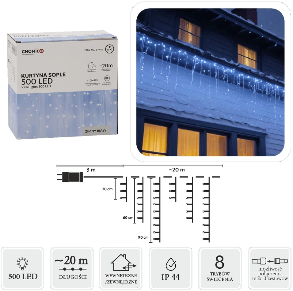 LED varveklių užuolaida, 500 LED, 20 m, šaltai balta