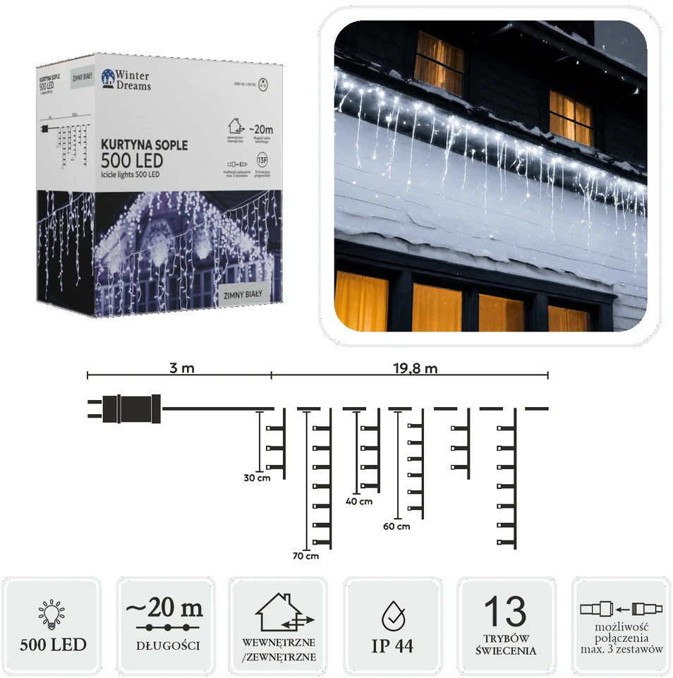 LED varveklių užuolaida, 500 LED, 20 m, šaltai balta
