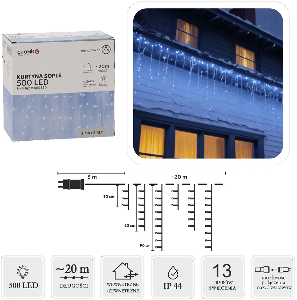 LED varveklių užuolaida, 500 LED, 20 m, šaltai balta