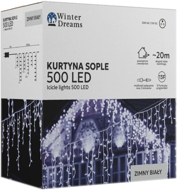 LED varveklių užuolaida, 500 LED, 20 m, šaltai balta