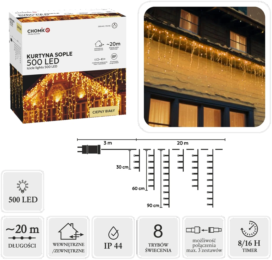 LED varveklių užuolaida, 500 LED, 20 m, šiltai balta