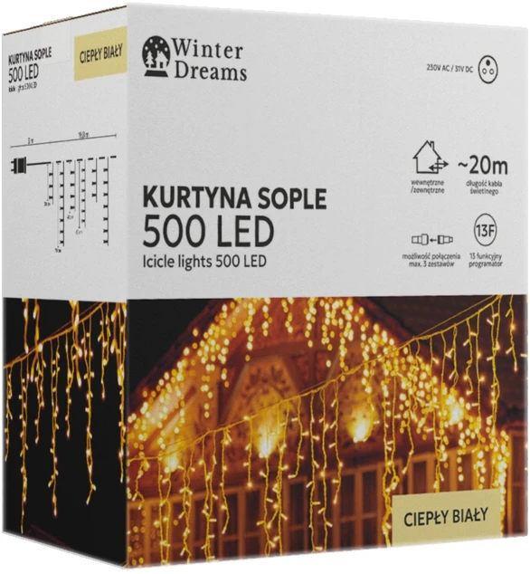 LED varveklių užuolaida, 500 LED, 20 m, šiltai balta