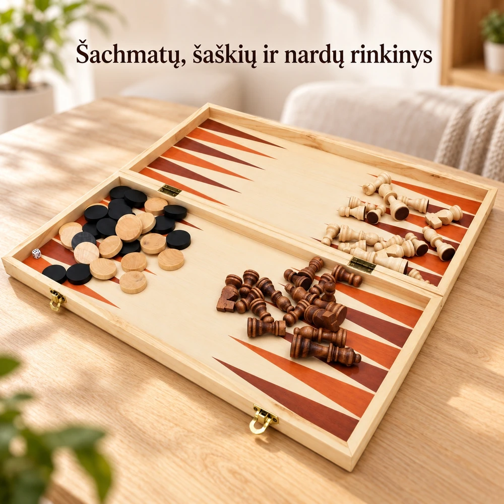 Medinis 3 viename šachmatų, šaškių ir nardų rinkinys TR2351A