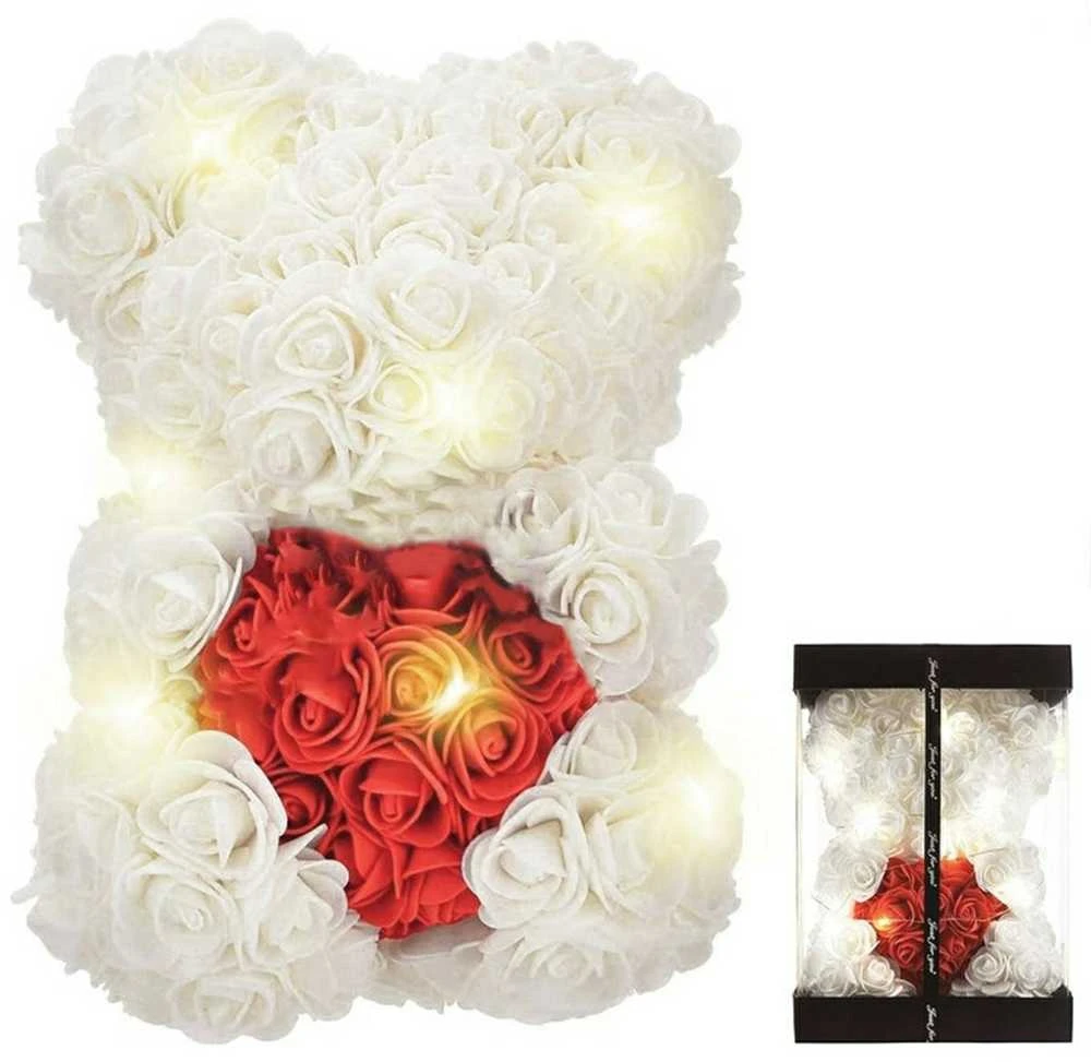 ATL Meškiukas iš rožių su širdimi ir LED apšvietimu, 23 cm