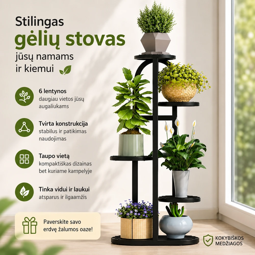 Metalinis augalų stovas 6 vazonams, 90 cm