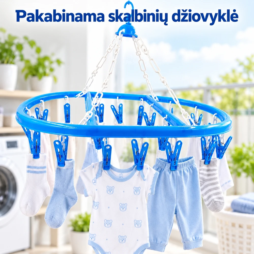 Pakabinama džiovyklė smulkiems skalbiniams su segtukais