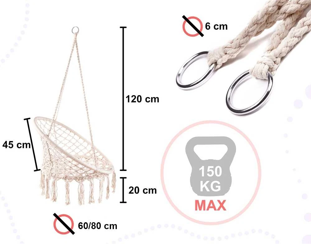 Boho stiliaus pakabinamas krėslas su pagalvėle 80 cm | 150 kg | spalva: ecru