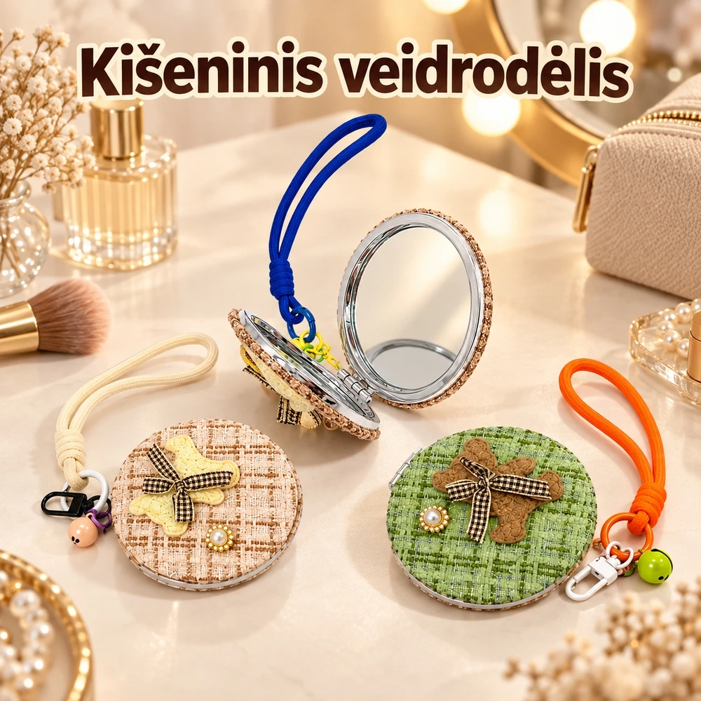 Pakabinamas kišeninis veidrodėlis su pliušiniu meškiuku