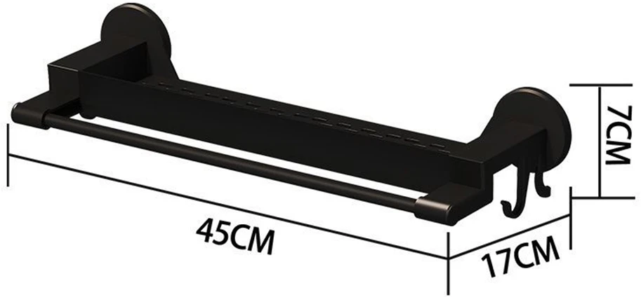 Rankšluosčių laikiklis su lentynėle ir kabliukais (juodas, 45 cm)