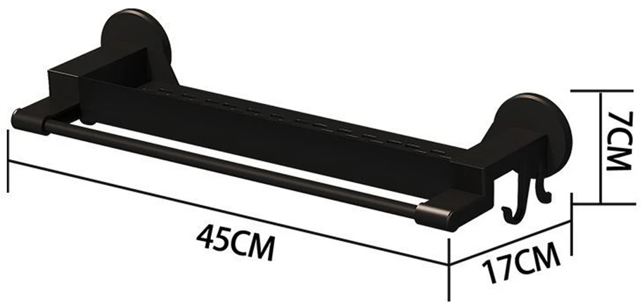 Rankšluosčių laikiklis su lentynėle ir kabliukais (juodas, 45 cm)