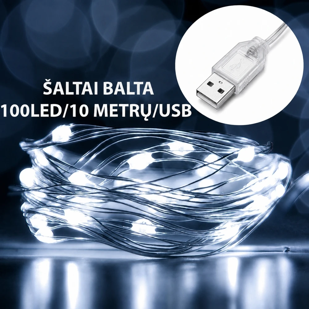 LED girlianda, 100 LED, 10 m, USB, šaltai balta