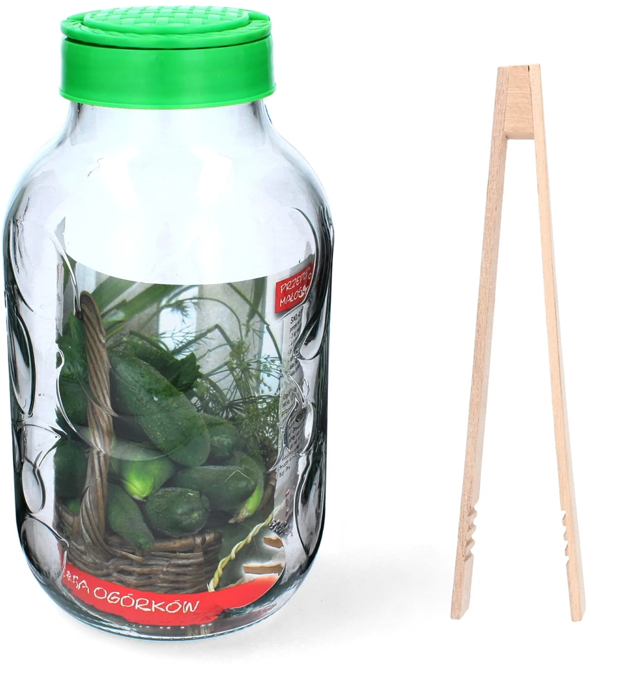 Stiklainis 5 L su plastikiniu dangteliu ir žnyplėmis