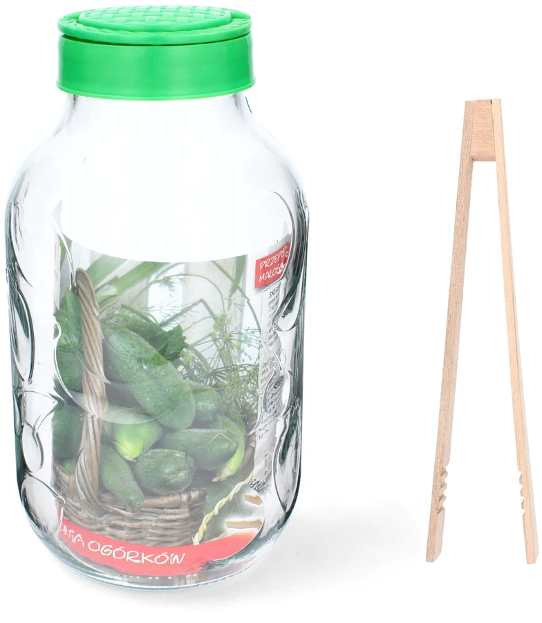 Stiklainis 5 L su plastikiniu dangteliu ir žnyplėmis