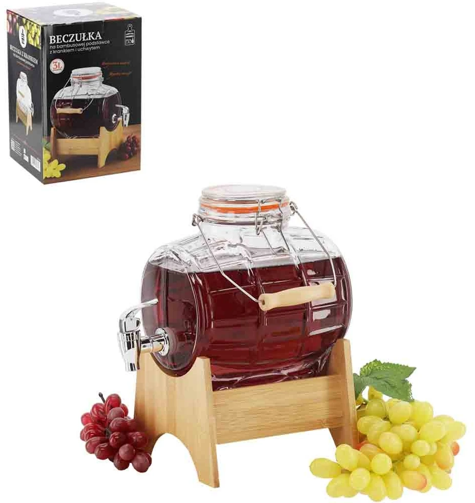 Stiklinė gėrimų statinaitė su kraneliu ir bambukiniu stovu, 3 l