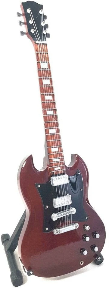 Indominiguitars Kolekcinė mini gitarėlė AC/DC Angus Young stiliaus, mahagonas, stovas