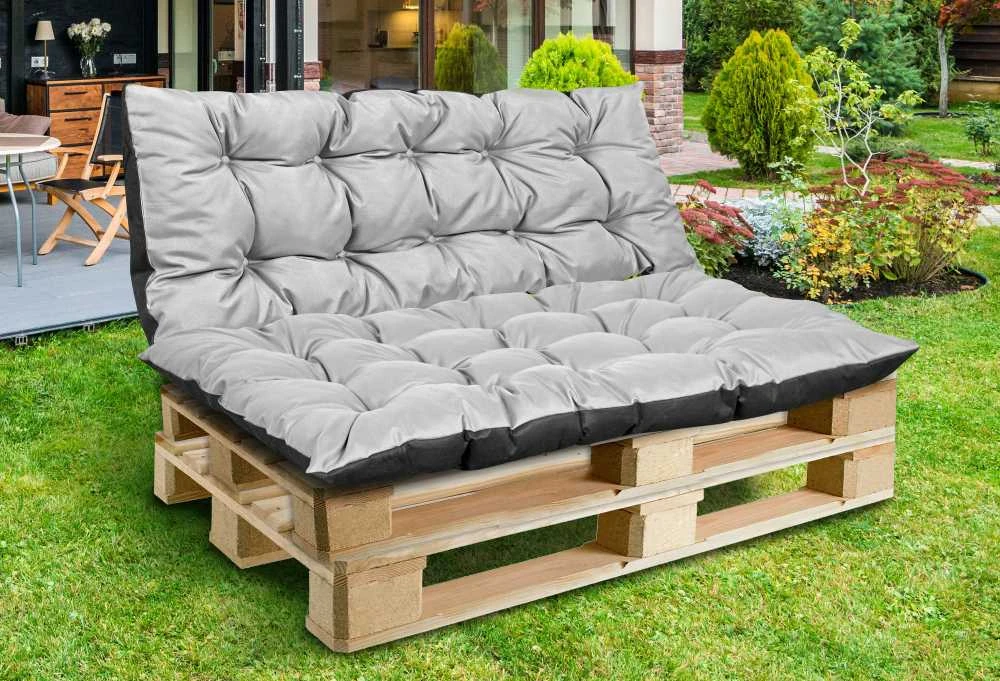 Aio Factory Sodo pagalvėlių komplektas 120/80 cm + 120/40 cm, vandeniui atsparus palečių suoliukas, šviesiai pilkas