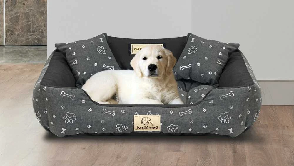 Aio Factory Šuns guolis KINGDOG voljeras 75x65 cm personalizuotas vandeniui atsparus sidabro spalvos kaulas