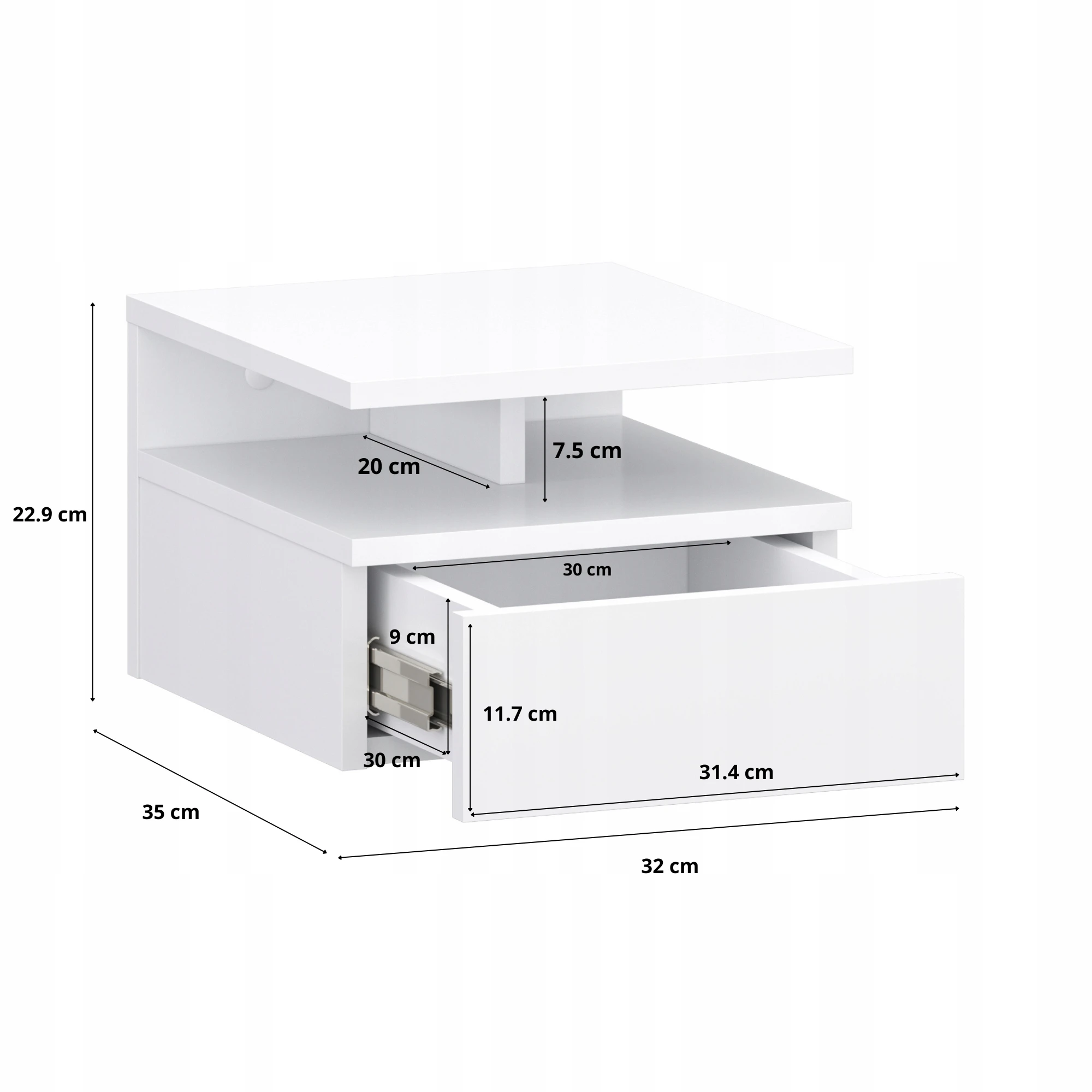 Target Home Baltas prie sienos tvirtinamas naktinis staliukas su stalčiumi 32x35x23 cm aprašymas - Prekės nuotrauka