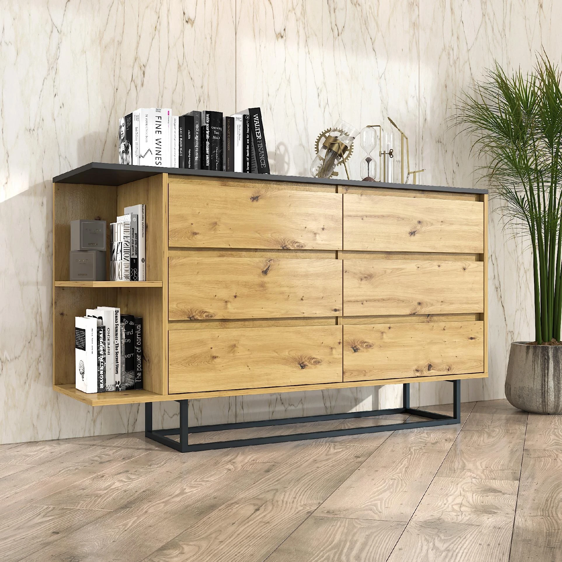 Target Home Komoda su 6 stalčiais ant palėpės stiliaus kojelių, juoda aprašymas - Prekės nuotrauka