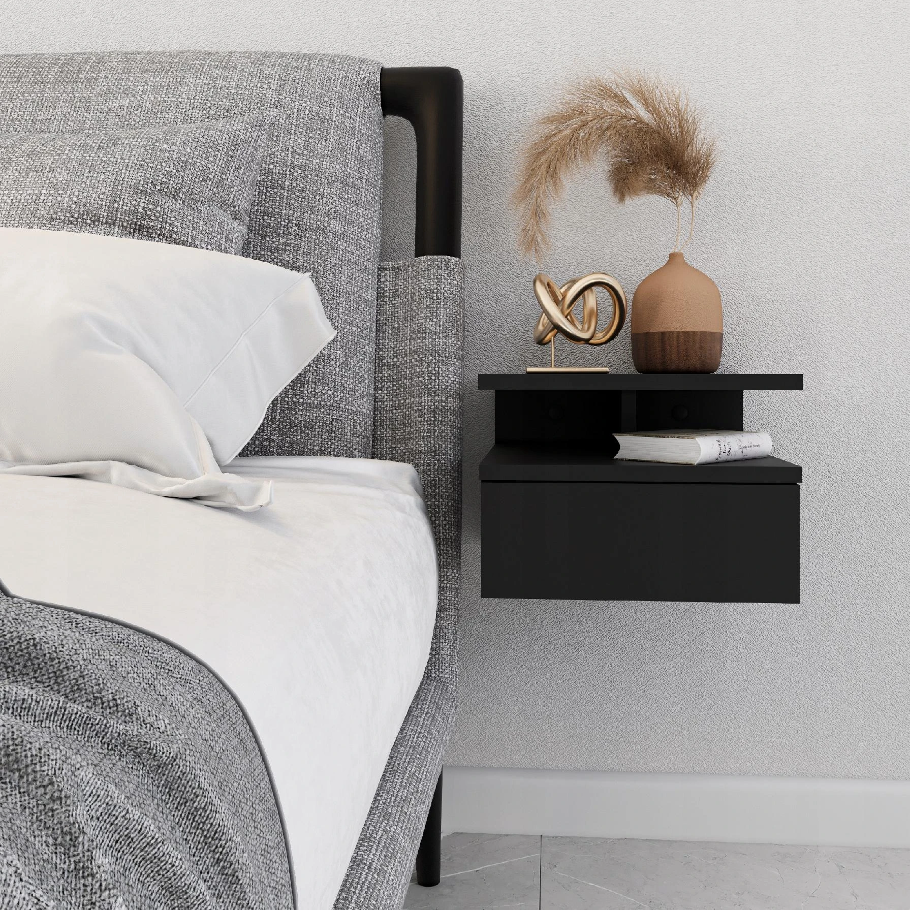 Target Home Prie sienos tvirtinamas naktinis staliukas su stalčiumi, 32x35x23 cm, juodas aprašymas - Prekės nuotrauka