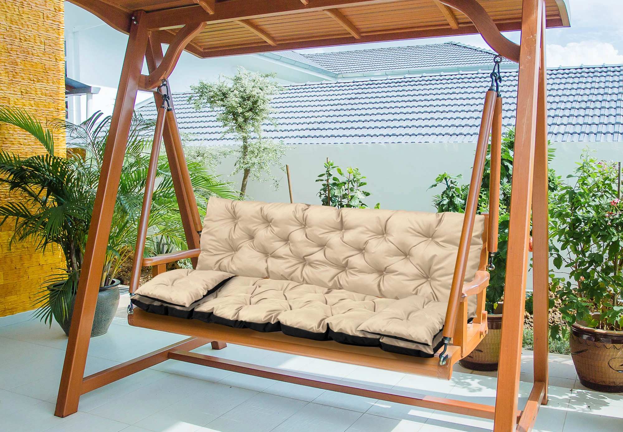 Aio Factory Sodo pagalvėlė 180x60x50 cm + 2 pagalvėlės sūpynėms, vandeniui atsparios, smėlio spalvos aprašymas - Prekės nuotrauka