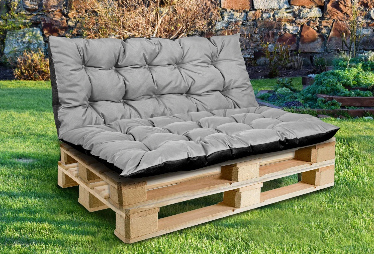 Aio Factory Sodo pagalvėlių komplektas 120/80 cm + 120/40 cm palečių suoliukui, atsparus vandeniui, pilkas aprašymas - Prekės nuotrauka