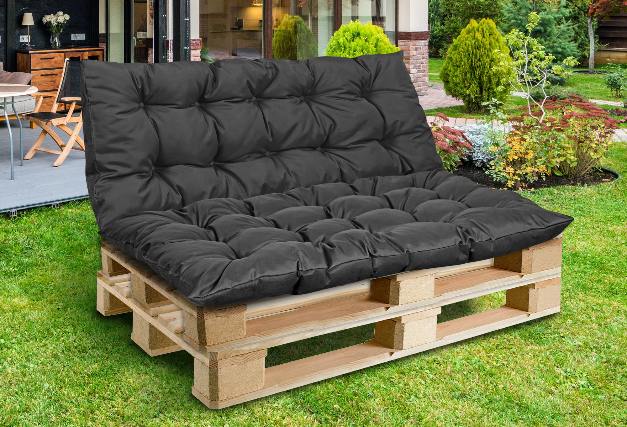 Aio Factory Sodo pagalvėlių komplektas 120/80 cm + 120/40 cm palečių suoliukui, atsparus vandeniui, juodas aprašymas - Prekės nuotrauka