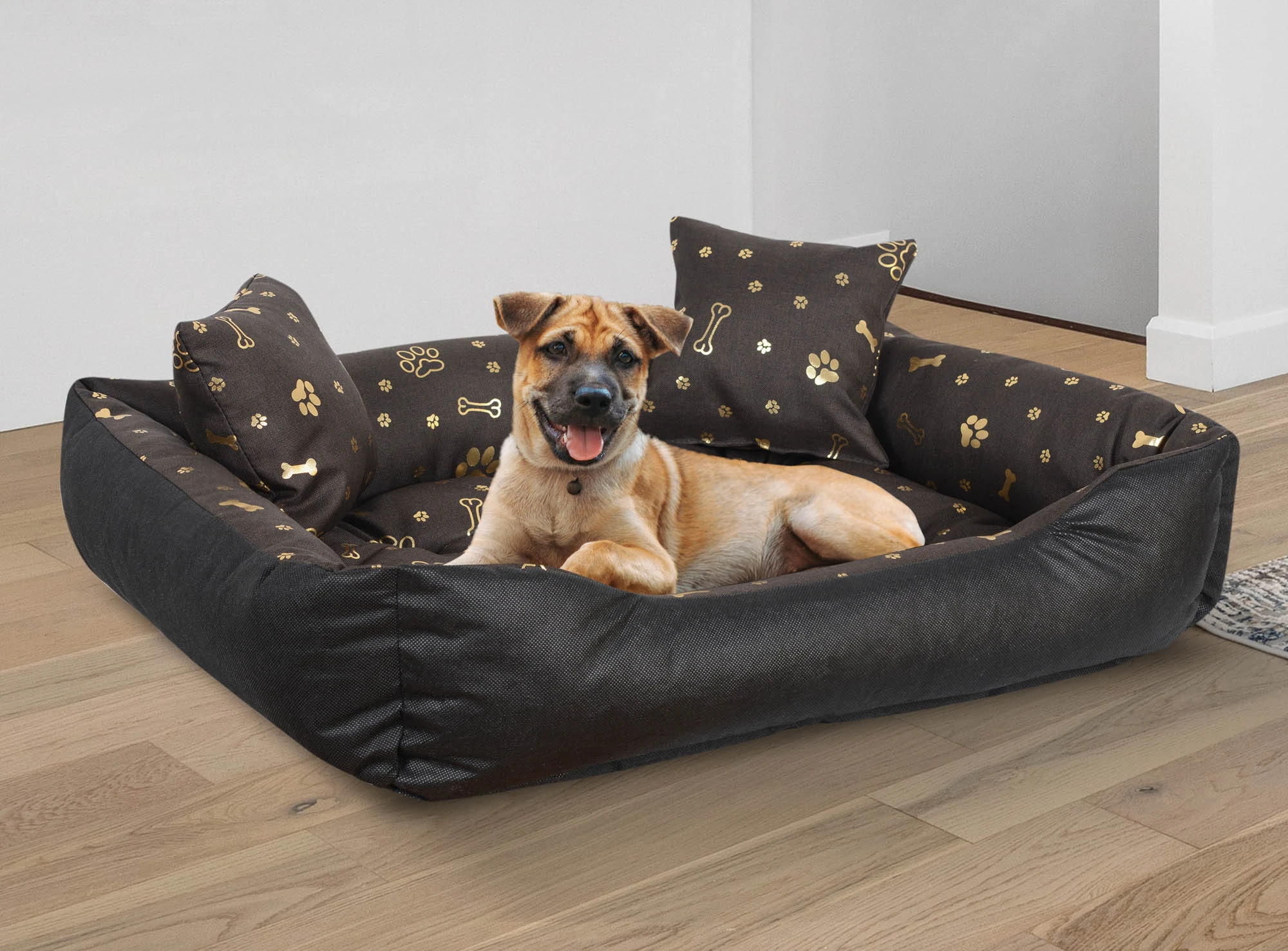 Aio Factory Šuns guolis, 130x105 cm, vandeniui atsparus, auksiniai kaulai aprašymas - Prekės nuotrauka