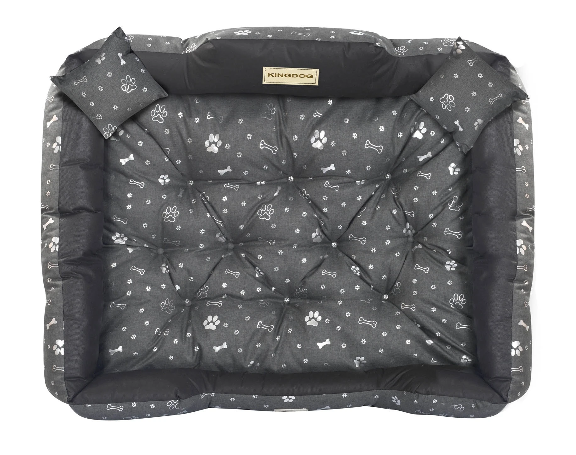 Aio Factory Šuns guolis KINGDOG 115x95 cm, personalizuotas, vandeniui atsparus, sidabriniai kaulai aprašymas - Prekės nuotrauka